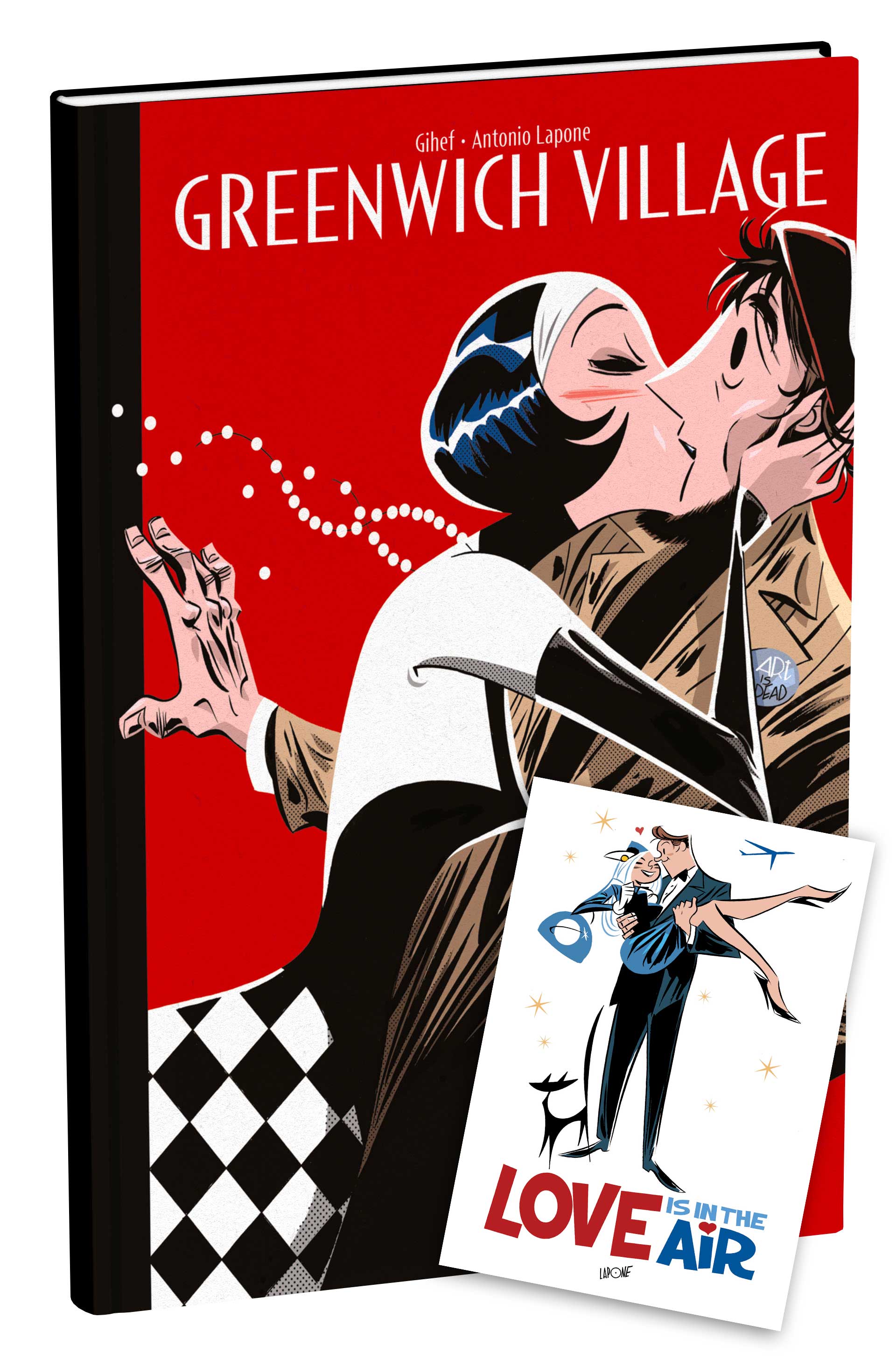 il volume della graphic novel "Greenwich Village", insieme alla cartolina di San Valentino Love is in the air
