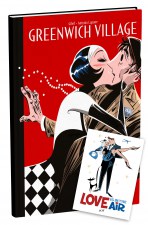 il volume della graphic novel "Greenwich Village", insieme alla cartolina di San Valentino Love is in the air
